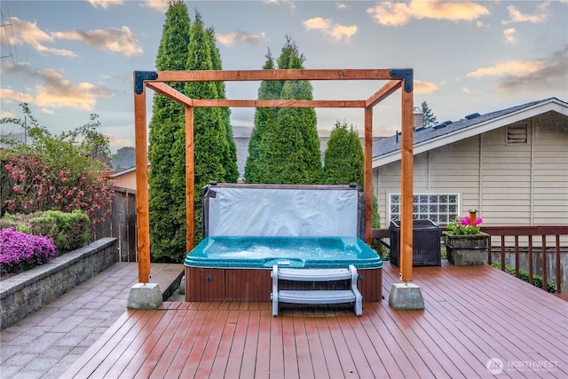 4538 Somerset Dr SE, Bellevue, WA 98006 - deck at dusk featuring a hot tub and fence