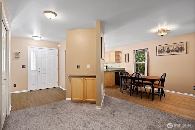 dining space featuring baseboards, wood finished floors, and carpet floors
