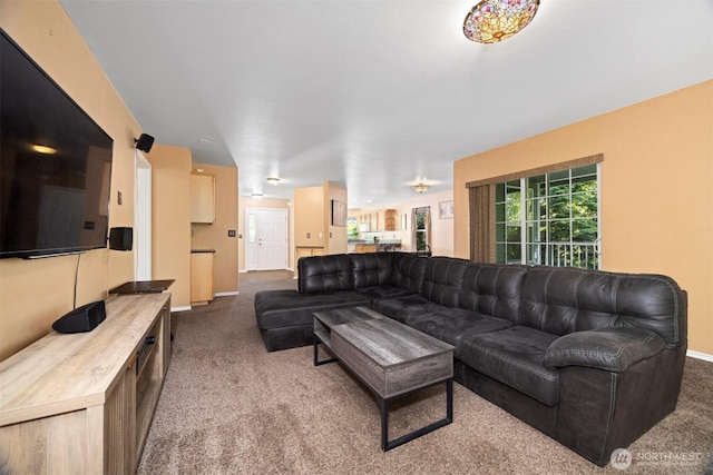 living area with carpet floors and baseboards