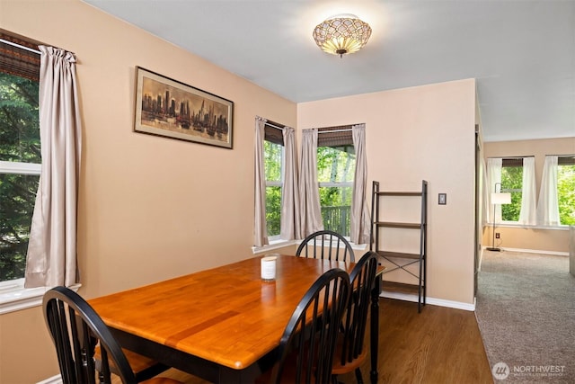 dining space with baseboards and dark wood-style floors