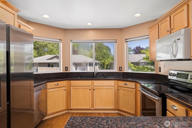 kitchen featuring appliances with stainless steel finishes, a sink, plenty of natural light, wood finished floors, and recessed lighting