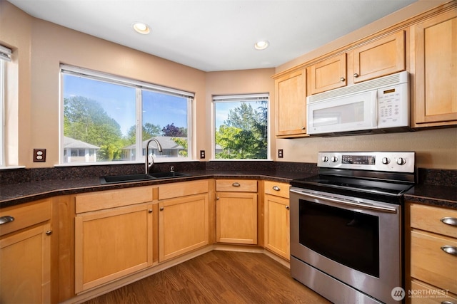 kitchen featuring white microwave, stainless steel electric range, a sink, dark wood finished floors, and dark stone countertops