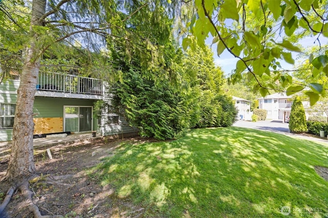 view of grassy yard featuring a balcony