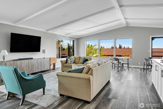 living area with baseboards, dark wood-style floors, and vaulted ceiling with beams