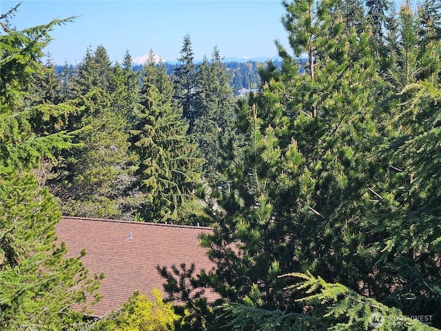 aerial view featuring a wooded view