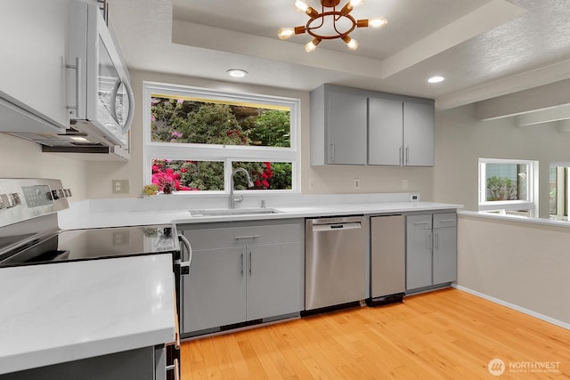 19801 88th Ave W, Edmonds, WA 98026 - kitchen with appliances with stainless steel finishes, gray cabinetry, a sink, a tray ceiling, and recessed lighting