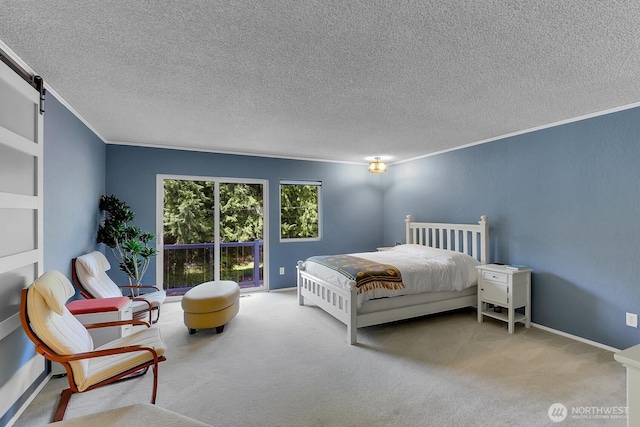 19801 88th Ave W, Edmonds, WA 98026 - carpeted bedroom featuring crown molding, a textured ceiling, and a barn door