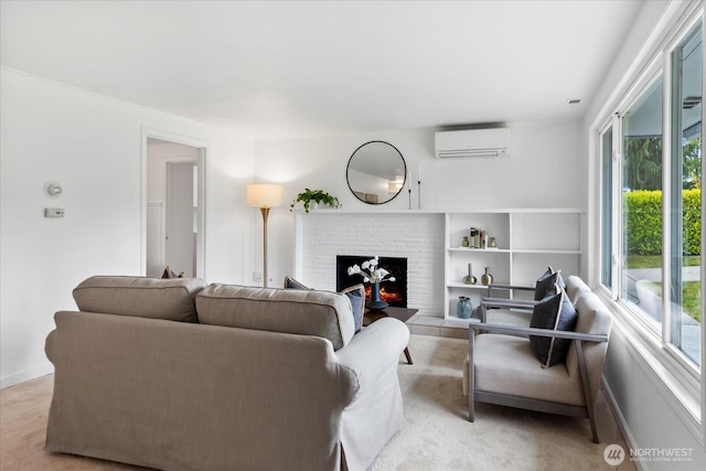 living room featuring a wall mounted air conditioner, light colored carpet, a fireplace, and baseboards