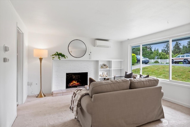 living room featuring a wall unit AC, light carpet, a brick fireplace, and baseboards