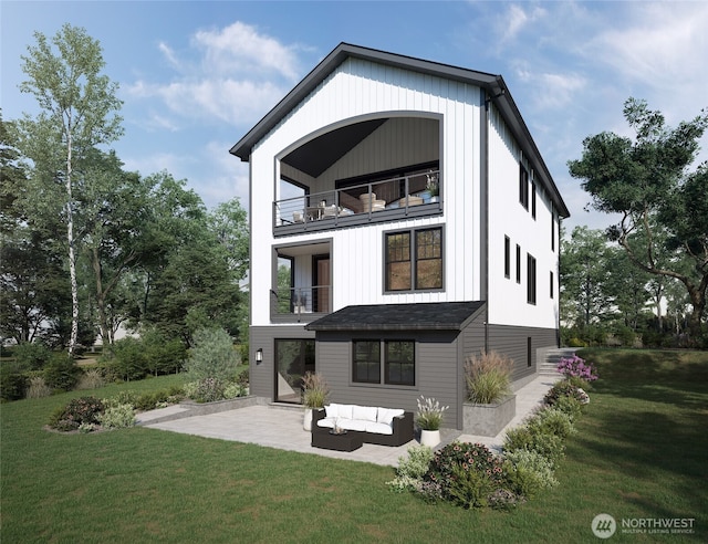 back of house with a yard, a patio, an outdoor living space, and a balcony