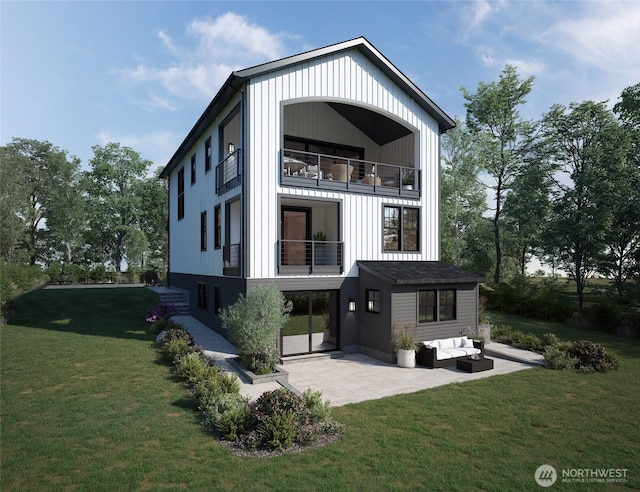 back of house with a yard, an outdoor hangout area, a patio, and a balcony