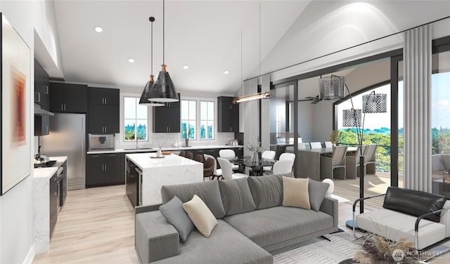 living room featuring ceiling fan, light wood-style flooring, recessed lighting, and high vaulted ceiling
