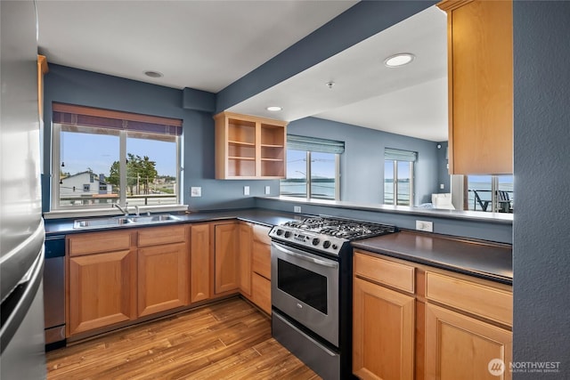 8075 Harborview Rd Unit 301, Blaine, WA 98230 - kitchen with appliances with stainless steel finishes, a sink, light wood-style flooring, dark countertops, and recessed lighting