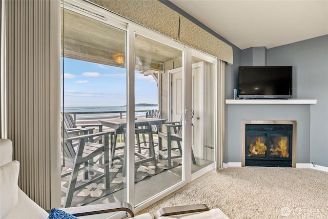 8075 Harborview Rd Unit 301, Blaine, WA 98230 - carpeted living area featuring baseboards and a glass covered fireplace