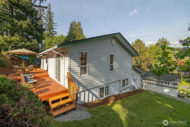 3785 Greenville Pl, Bellingham, WA 98226 - rear view of house featuring a lawn, a wooden deck, and outdoor dining area