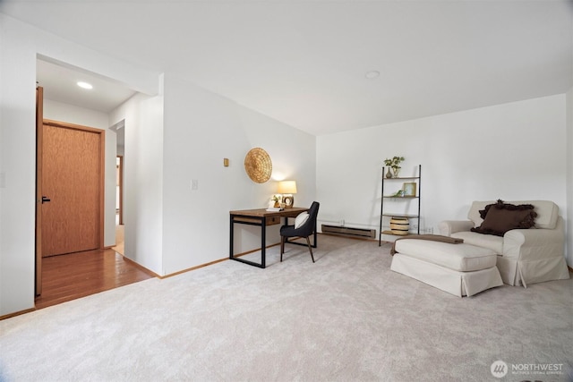 3785 Greenville Pl, Bellingham, WA 98226 - living area with light colored carpet, a baseboard radiator, and baseboards