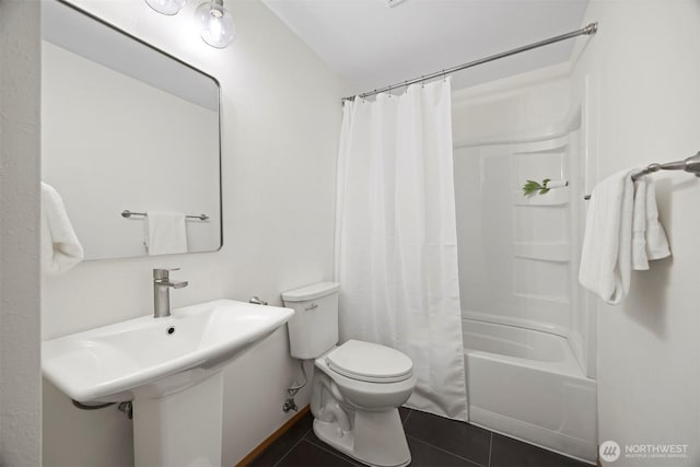 3785 Greenville Pl, Bellingham, WA 98226 - full bathroom featuring tile patterned flooring, toilet, shower / bathtub combination with curtain, and a sink