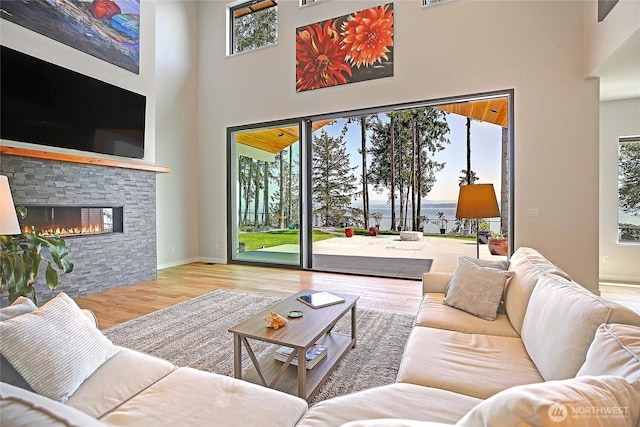 living room featuring a fireplace, a towering ceiling, and wood finished floors