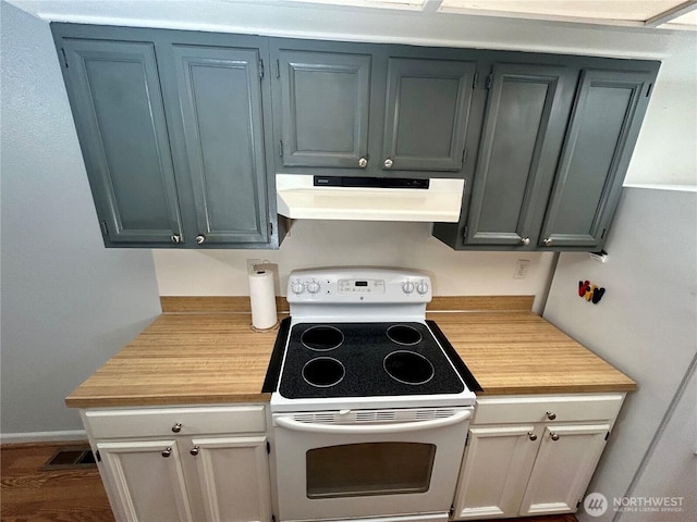 kitchen featuring white electric stove, under cabinet range hood, and butcher block counters