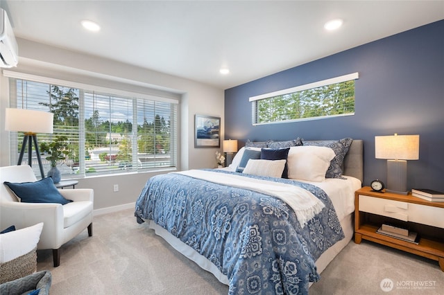 bedroom with baseboards, carpet flooring, recessed lighting, and a wall mounted AC
