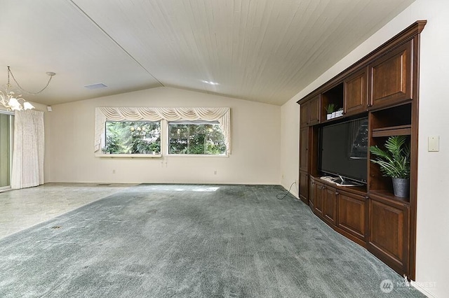 unfurnished living room with lofted ceiling, a chandelier, carpet floors, and baseboards