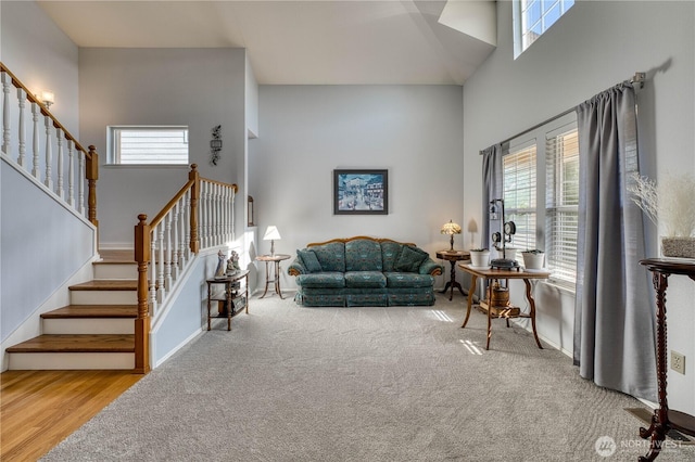 living area featuring a high ceiling, stairs, carpet flooring, and wood finished floors