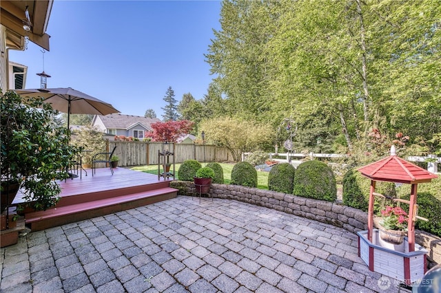 view of patio / terrace featuring a wooden deck and fence