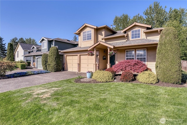 traditional-style home with asphalt driveway, a front yard, an attached garage, and roof with shingles