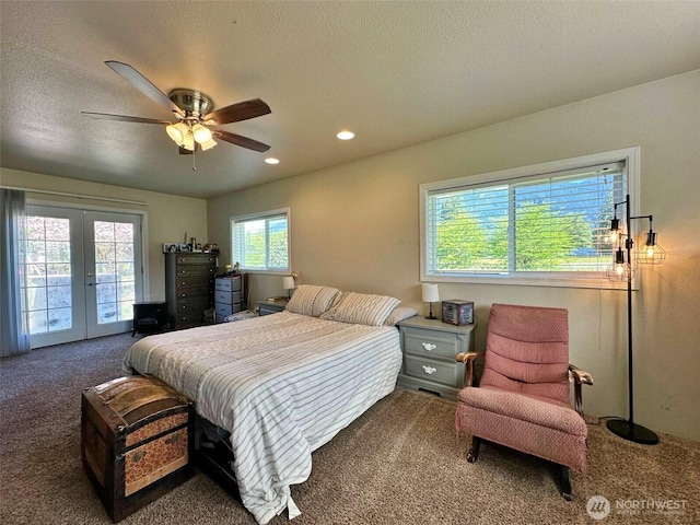 carpeted bedroom with access to outside, french doors, recessed lighting, ceiling fan, and a textured ceiling