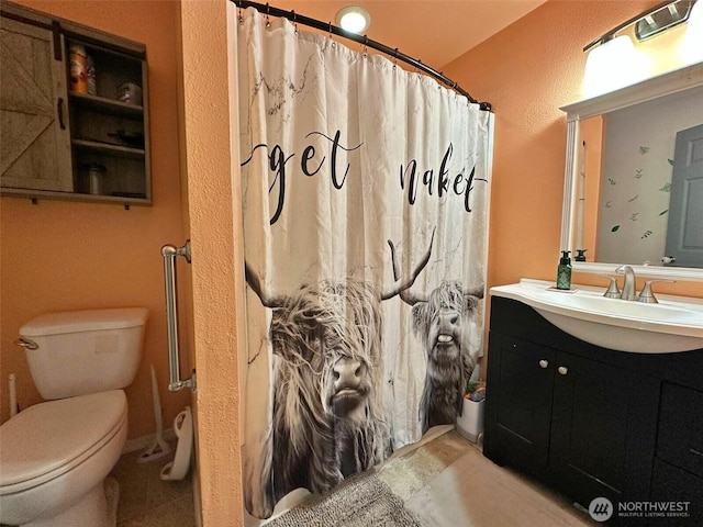 full bathroom featuring vanity, toilet, a textured wall, and a shower with curtain