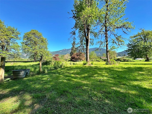 view of green lawn featuring a mountain view