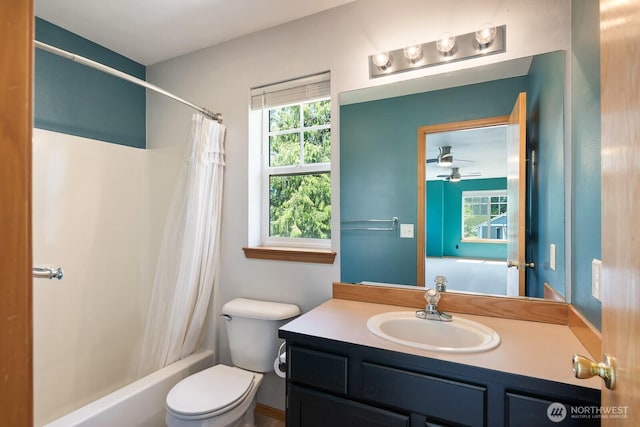 3828 Sutton Pl, Anacortes, WA 98221 - bathroom with vanity, toilet, shower / tub combo, and a ceiling fan