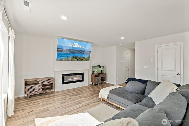 9206 Conine St SE, Yelm, WA 98597 - living room with wood finished floors, a glass covered fireplace, recessed lighting, and baseboards