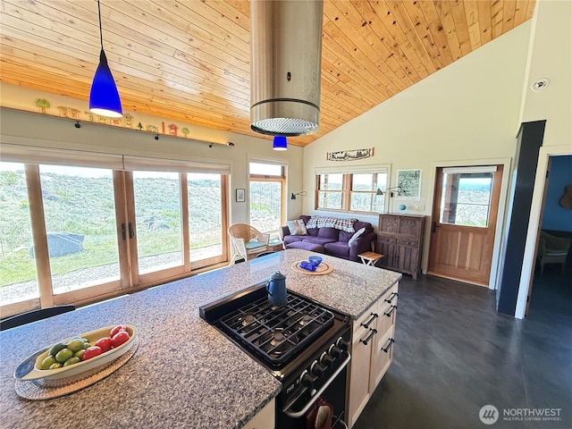 living room featuring wood ceiling and high vaulted ceiling
