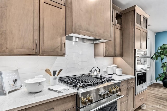 19507 81st Pl NE Unit 3, Kenmore, WA 98028 - kitchen featuring appliances with stainless steel finishes, decorative backsplash, glass insert cabinets, light wood-style floors, and light stone counters