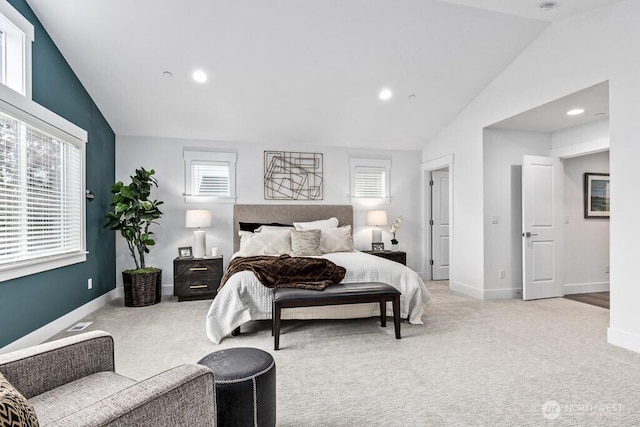 19507 81st Pl NE Unit 3, Kenmore, WA 98028 - bedroom featuring vaulted ceiling, light carpet, recessed lighting, and baseboards