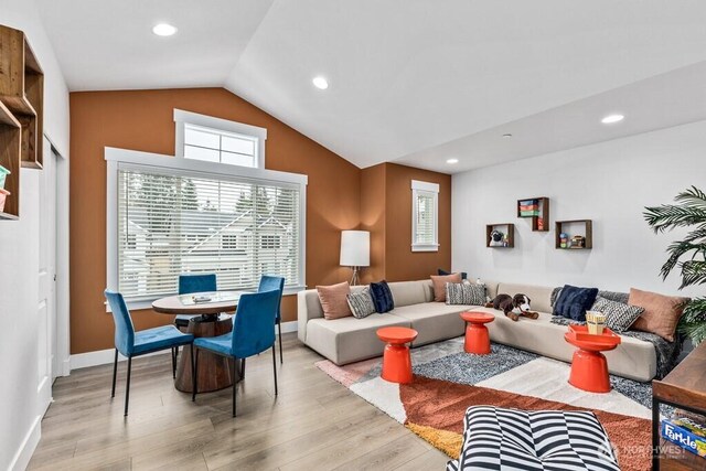 19507 81st Pl NE Unit 3, Kenmore, WA 98028 - living area with vaulted ceiling, light wood-style flooring, recessed lighting, and baseboards