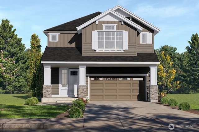 19507 81st Pl NE Unit 3, Kenmore, WA 98028 - craftsman-style house featuring a garage, board and batten siding, stone siding, driveway, and a front lawn