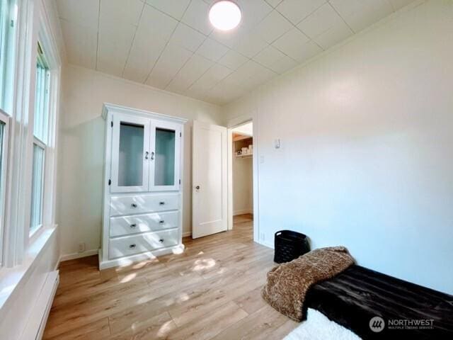 bedroom featuring light wood-type flooring, a baseboard heating unit, multiple windows, and baseboards