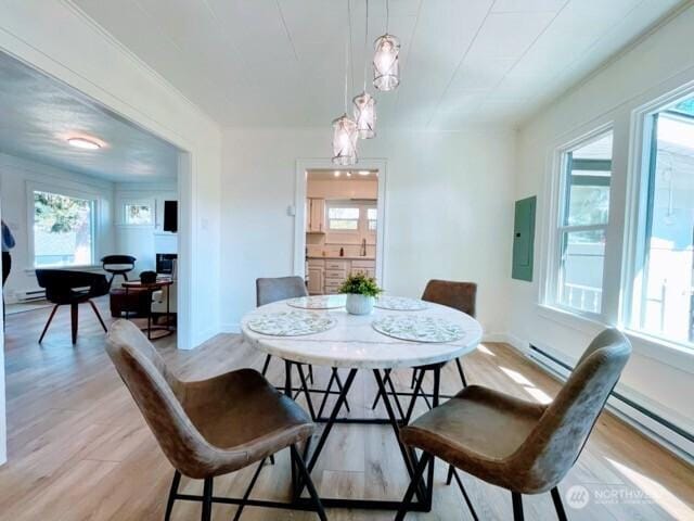 dining space featuring electric panel, plenty of natural light, light wood-style flooring, and a baseboard heating unit