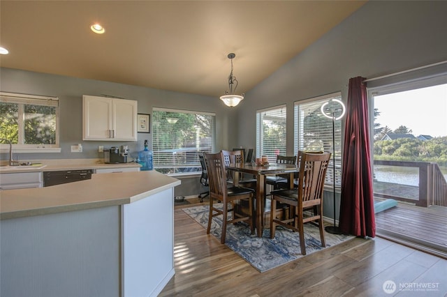 348 Cockle St SW, Ocean Shores, WA 98569 - dining room featuring light wood-type flooring, lofted ceiling, and a healthy amount of sunlight
