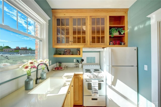kitchen with white appliances, under cabinet range hood, open shelves, a sink, and light countertops