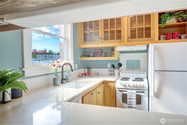 kitchen featuring white appliances, a sink, under cabinet range hood, light brown cabinetry, and light countertops