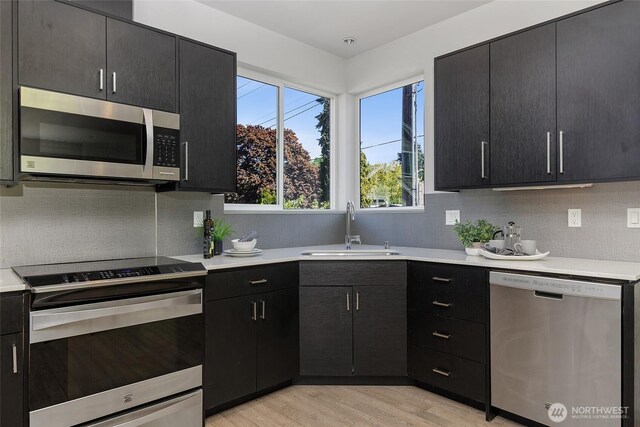 kitchen featuring appliances with stainless steel finishes, a sink, light countertops, and dark cabinetry