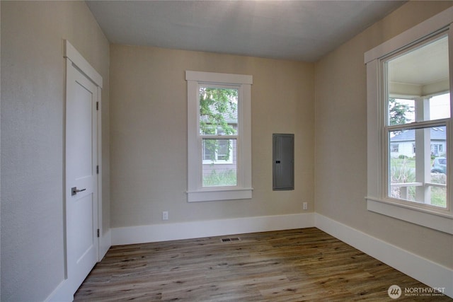 1813 10th St, Anacortes, WA 98221 - spare room featuring electric panel, wood finished floors, and baseboards