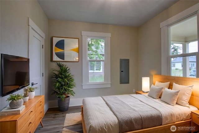 1813 10th St, Anacortes, WA 98221 - bedroom featuring electric panel, wood finished floors, and baseboards