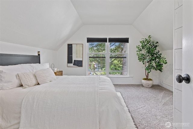 bedroom featuring carpet and lofted ceiling