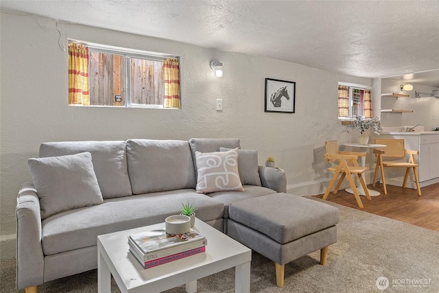 living area with a textured ceiling, a textured wall, and wood finished floors