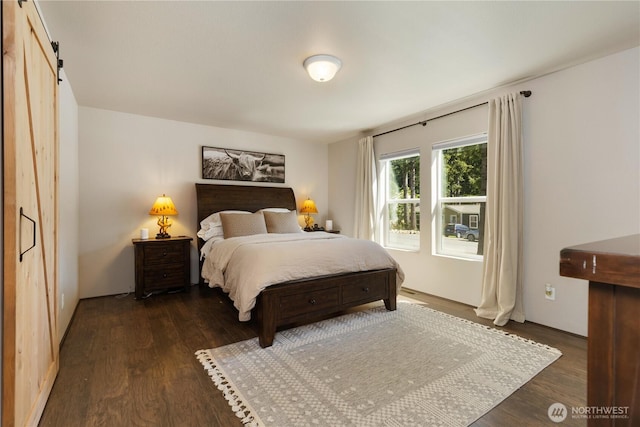 bedroom featuring a barn door and dark wood-type flooring