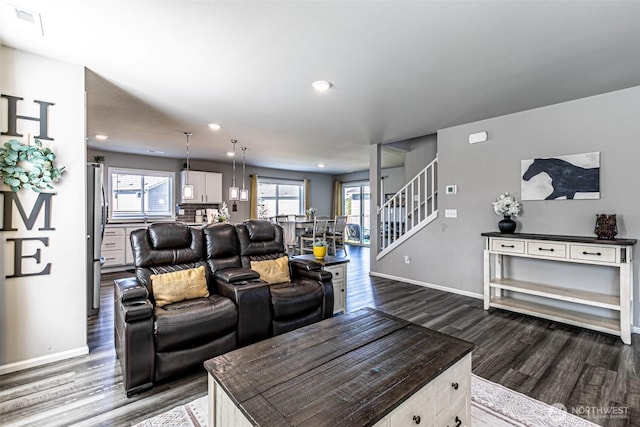 2315 Cantergrove Dr SE, Lacey, WA 98503 - living area featuring dark wood-style flooring, stairs, plenty of natural light, and recessed lighting